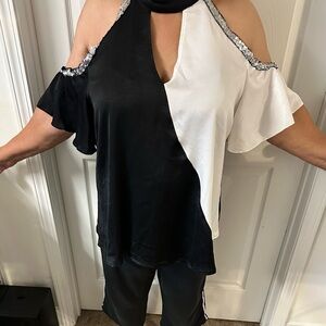 Elegant Black and White Cold Shoulder Top